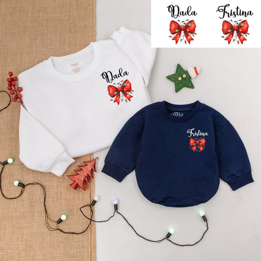 Mama & Mini Matching Family Christmas Sweatshirt Red Bow Holly Design, Dad Daughter Baby Bodysuit, First Christmas Cute Romper, Holiday Shower Gift