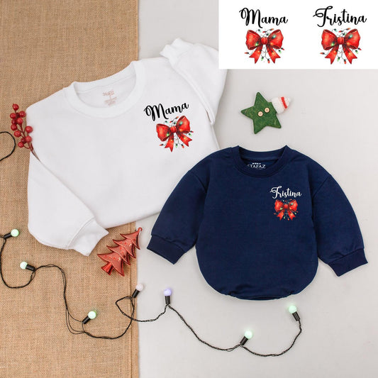Mama & Mini Matching Family Christmas Sweatshirt Red Bow Holly Design, Dad Daughter Baby Bodysuit, First Christmas Cute Romper, Holiday Shower Gift