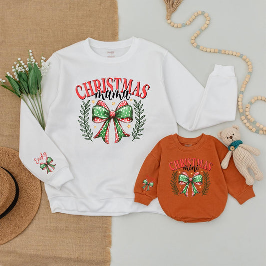 Matching Christmas Mama Mini Sweatshirt Set with Wreath, Gold Stars - Mommy and Me Outfits, Baby Bodysuit, Family Holiday Sweaters, 1st Christmas