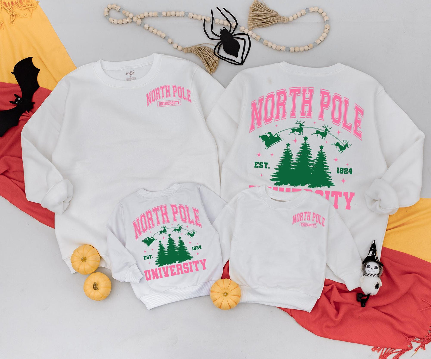 Mommy and Me North Pole University Christmas Sweatshirt Vintage Pink Green Collegiate Design Santa Sleigh Reindeer Est 1824 Baby Toddler Kids Clothing