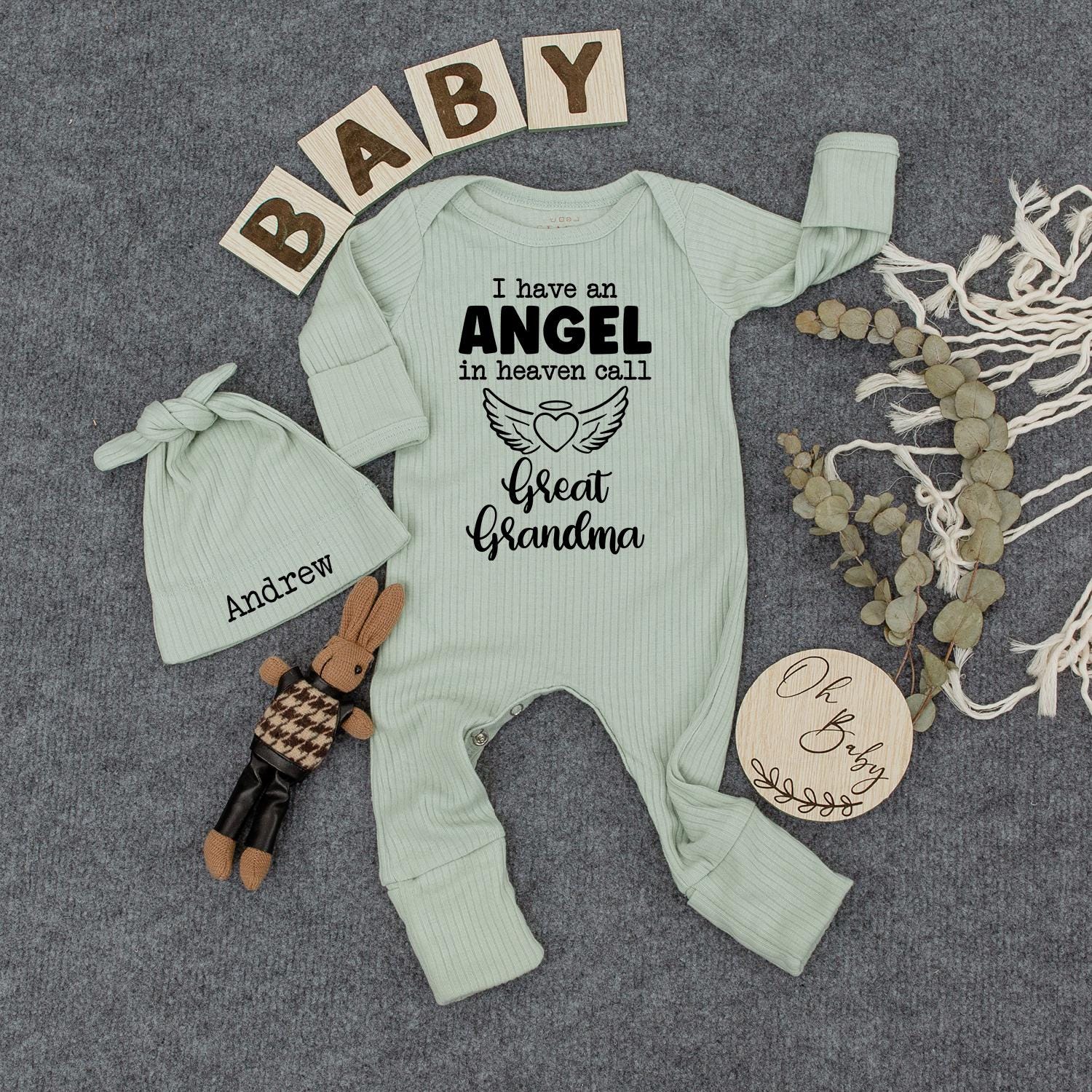 Angel in Heaven Bodysuit & Hat Set - I Call Great Grandma Newborn Outfit - Heart Wings Baby Shower Gift - Memorial Baby Clothes - Custom Baby Set 139