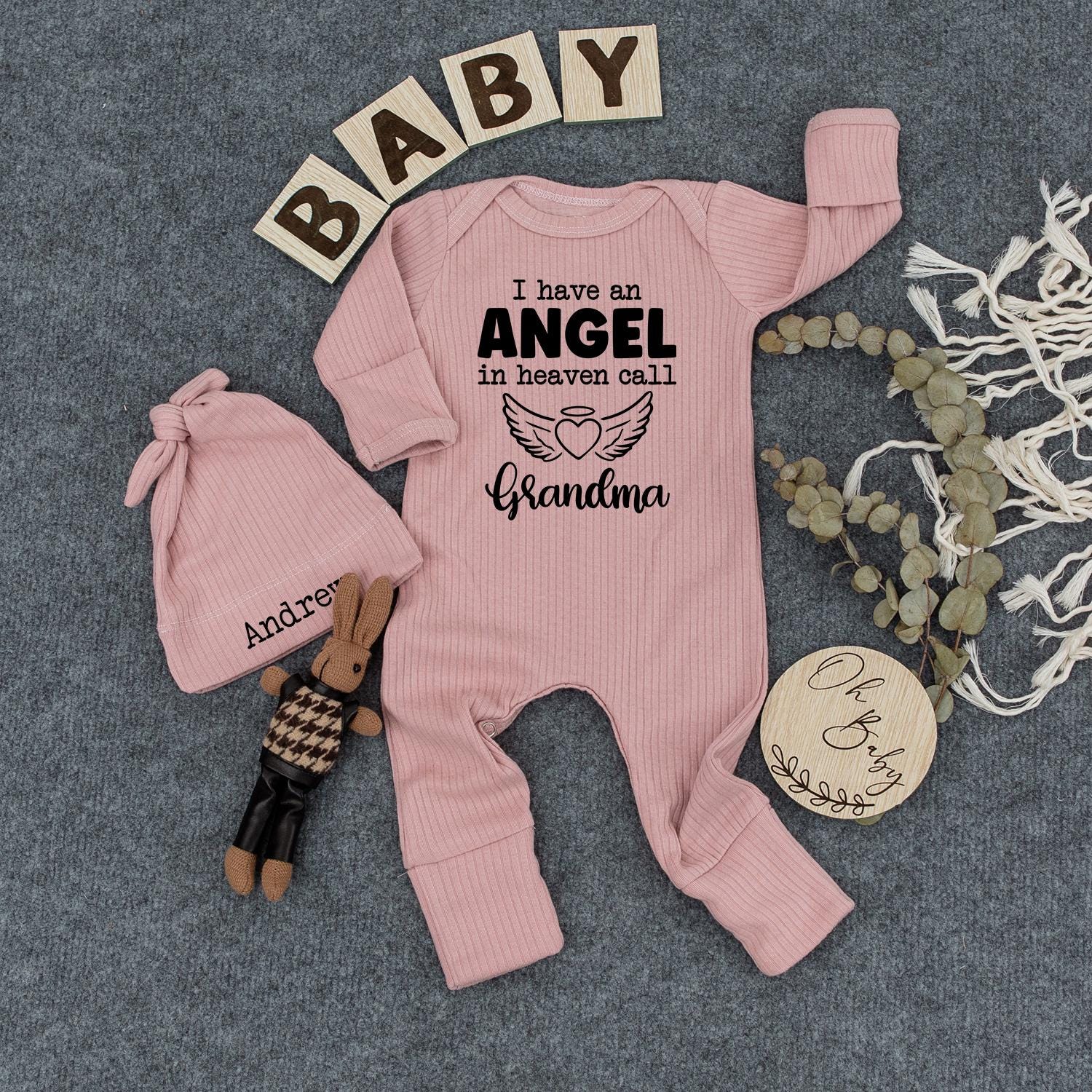 Angel in Heaven Bodysuit & Hat Set - I Call Great Grandma Newborn Outfit - Heart Wings Baby Shower Gift - Memorial Baby Clothes - Custom Baby Set 139
