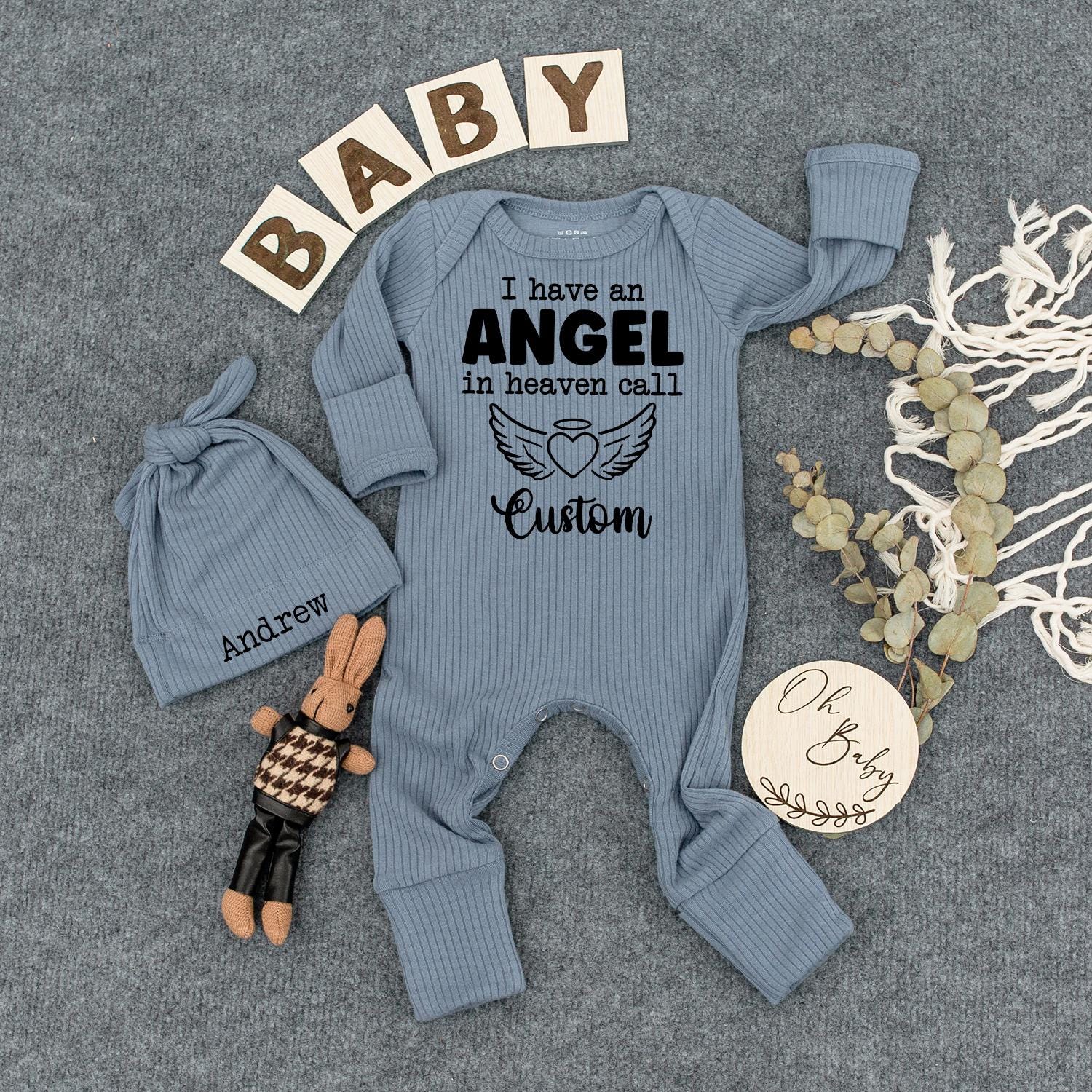 Angel in Heaven Bodysuit & Hat Set - I Call Great Grandma Newborn Outfit - Heart Wings Baby Shower Gift - Memorial Baby Clothes - Custom Baby Set 139