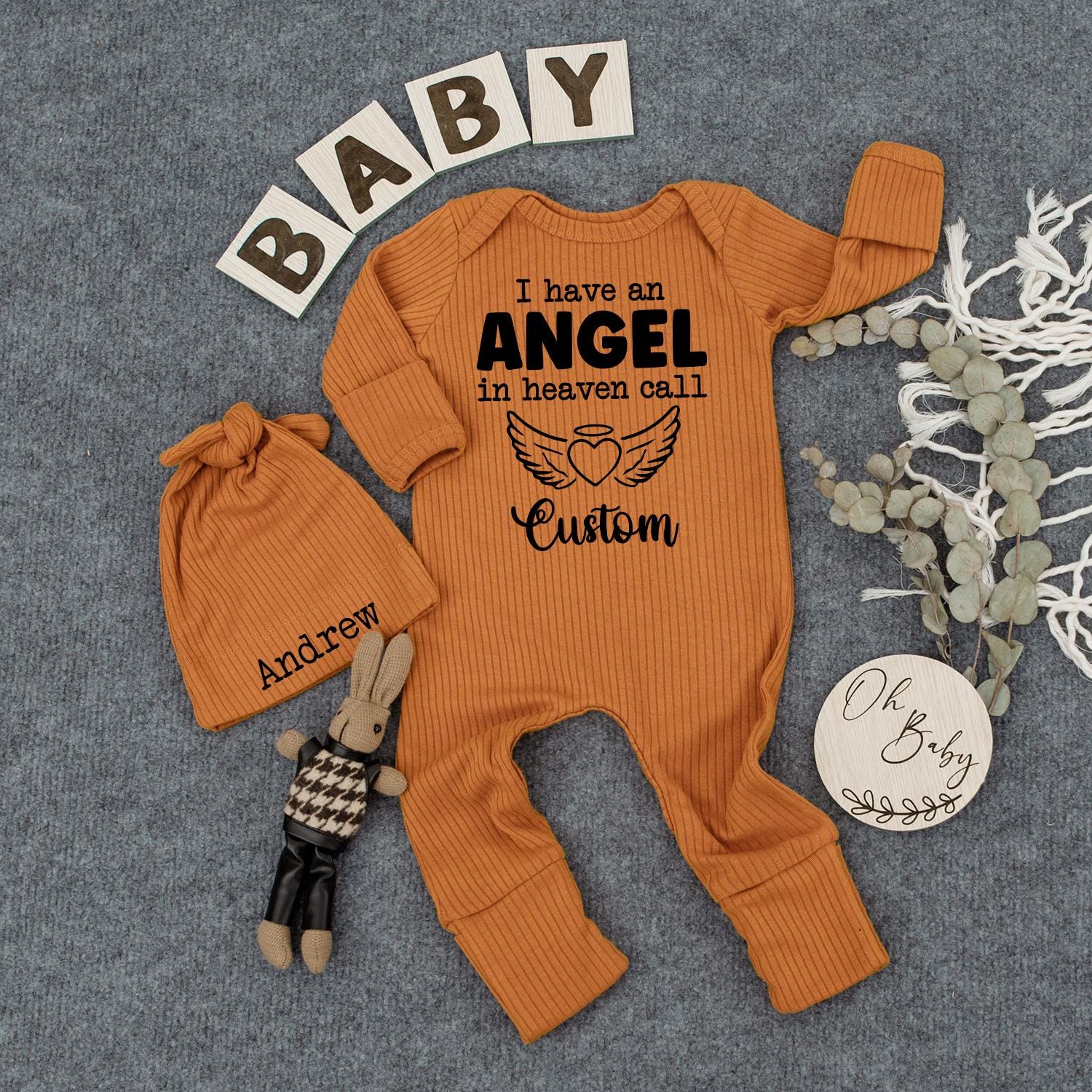 Angel in Heaven Bodysuit & Hat Set - I Call Great Grandma Newborn Outfit - Heart Wings Baby Shower Gift - Memorial Baby Clothes - Custom Baby Set 139