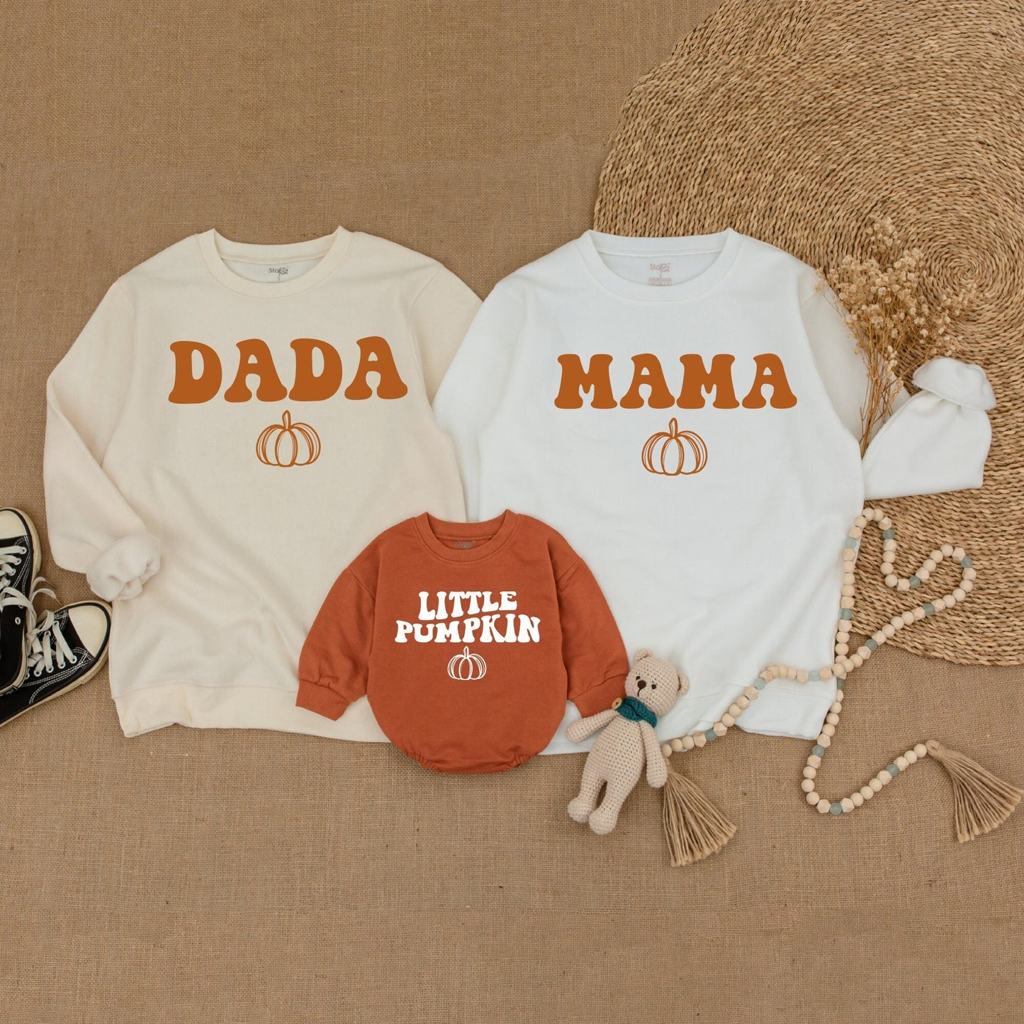 Retro Mama Dada Little Pumpkin Sweatshirt Orange White Fall Family Matching Outfits Mommy and Me Sweater Thanksgiving Gift