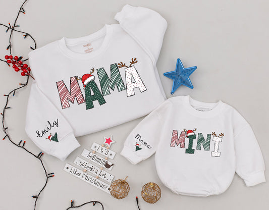 Personalized Mama and Mini Christmas Sweatshirts Matching Family Holiday Outfits with Reindeer & Santa Hats