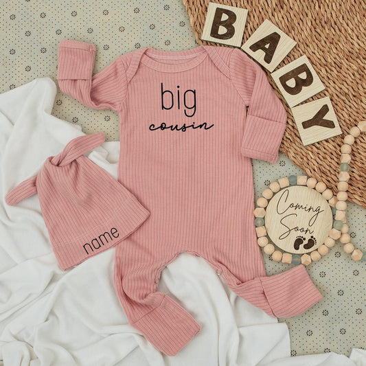 Big Cousin Bodysuit & Hat Set, Newborn Boy Gift, Personalized Baby Outfit, Modern Minimalist Baby Boy Clothes