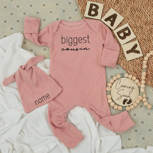 Biggest Cousin Baby Bodysuit & Hat Set, Newborn Coming Home Outfit, Personalized Name, Modern Minimalist Baby Boy Clothes Gift, Big Bro Style (138 chars)