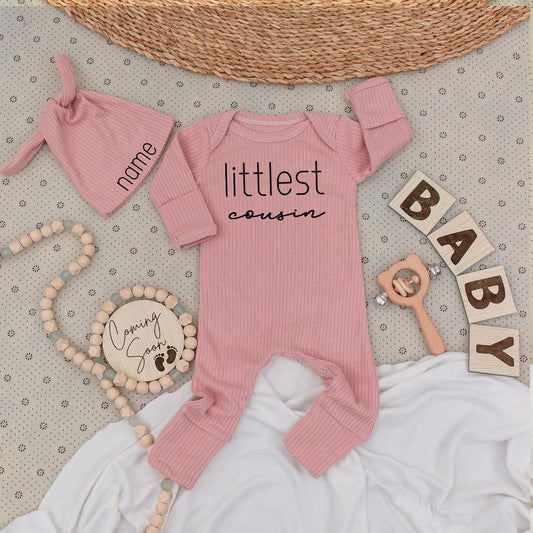 Littlest Cousin Bodysuit and Hat Set Sweet Dark Brown Lettering Baby Boy Outfit Natural Coming Soon Newborn Gift