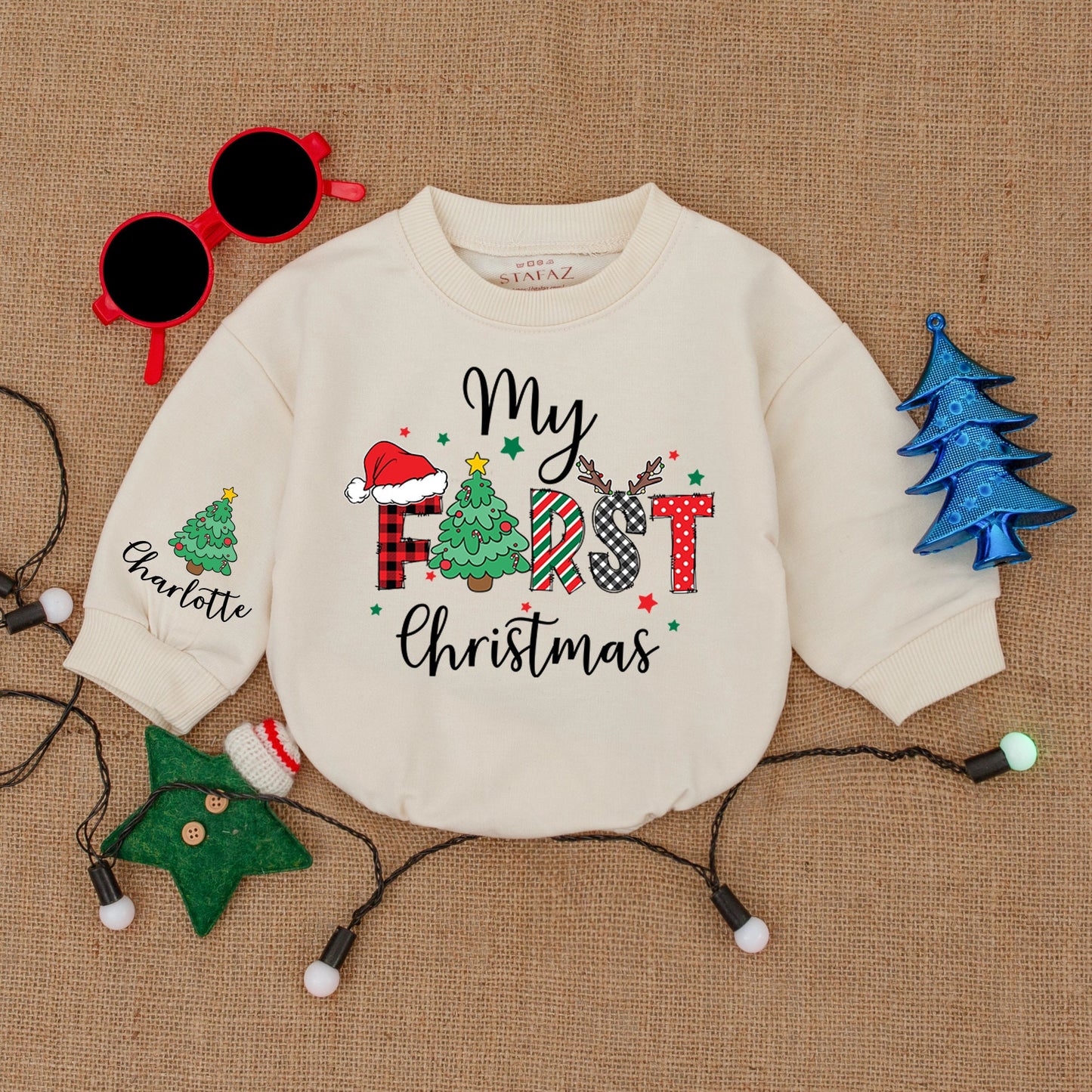 Custom Name First Christmas Baby Bodysuit Buffalo Check Santa Hat Outfit Personalized Infant Romper Holiday Baby Shower Gift Clothes Cozy Keepsake 137