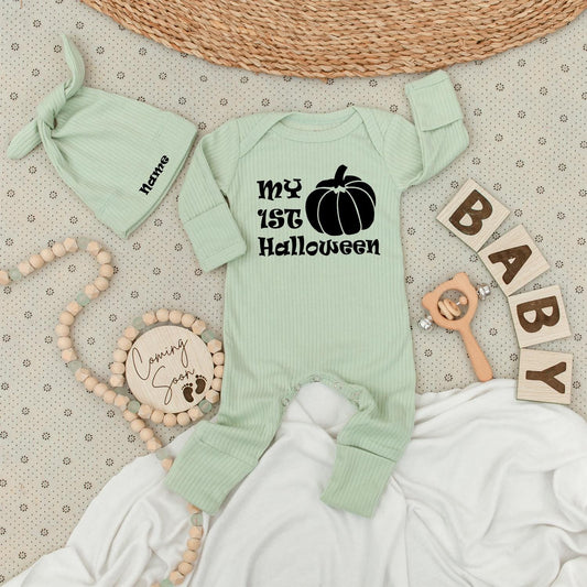 Personalized My First Halloween Baby Bodysuit and Hat Set Newborn Long Sleeve Outfit with Name on Hat Black Pumpkin Graphic Coming Home Baby Shower Gift Autumn Fall