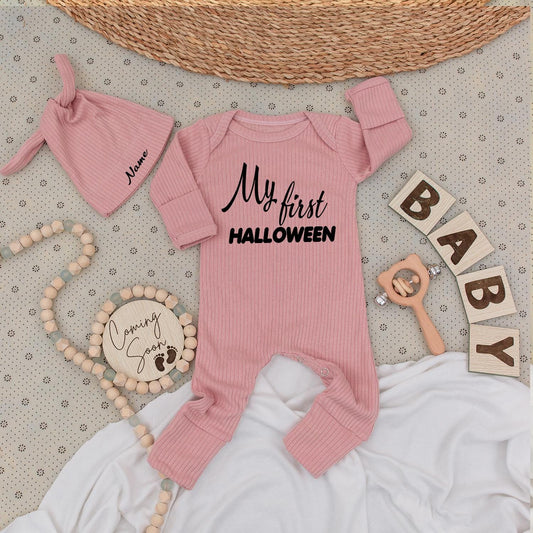 My First Halloween Baby Bodysuit Set Personalized Name Hat, Cute Newborn Outfit, Long Sleeve Jumpsuit Coming Home Gift, Little Pumpkin Announcement 139