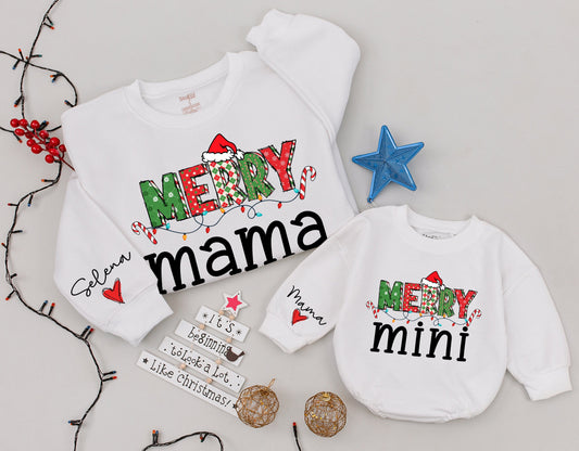 Merry Mama Mini Matching Sweatshirt with Baby Girl Romper Christmas Outfit Personalized Family Holiday Gift Set
