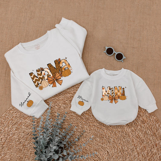 Mama & Mini Matching Fall Sweatshirt, Personalized Thanksgiving Outfit for Mommy and Me, Cozy Autumn Leaves Sweater, Custom Baby Name Pumpkin Shirt, Family Set