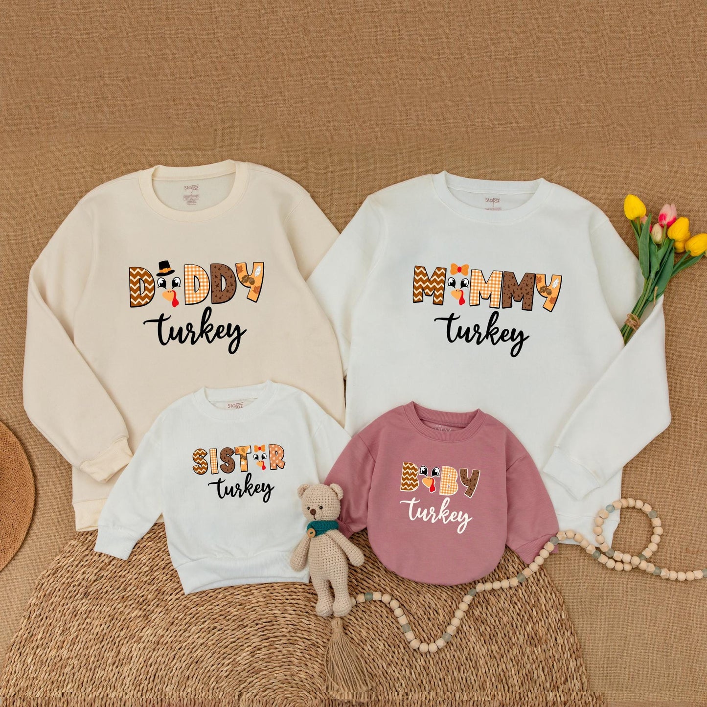 Matching Family Turkey Thanksgiving Sweatshirts: Retro Fall Outfits for Mommy, Daddy, Brother & Baby - Pumpkin Spice Season's Cutest Turkey Look! (139 chars)