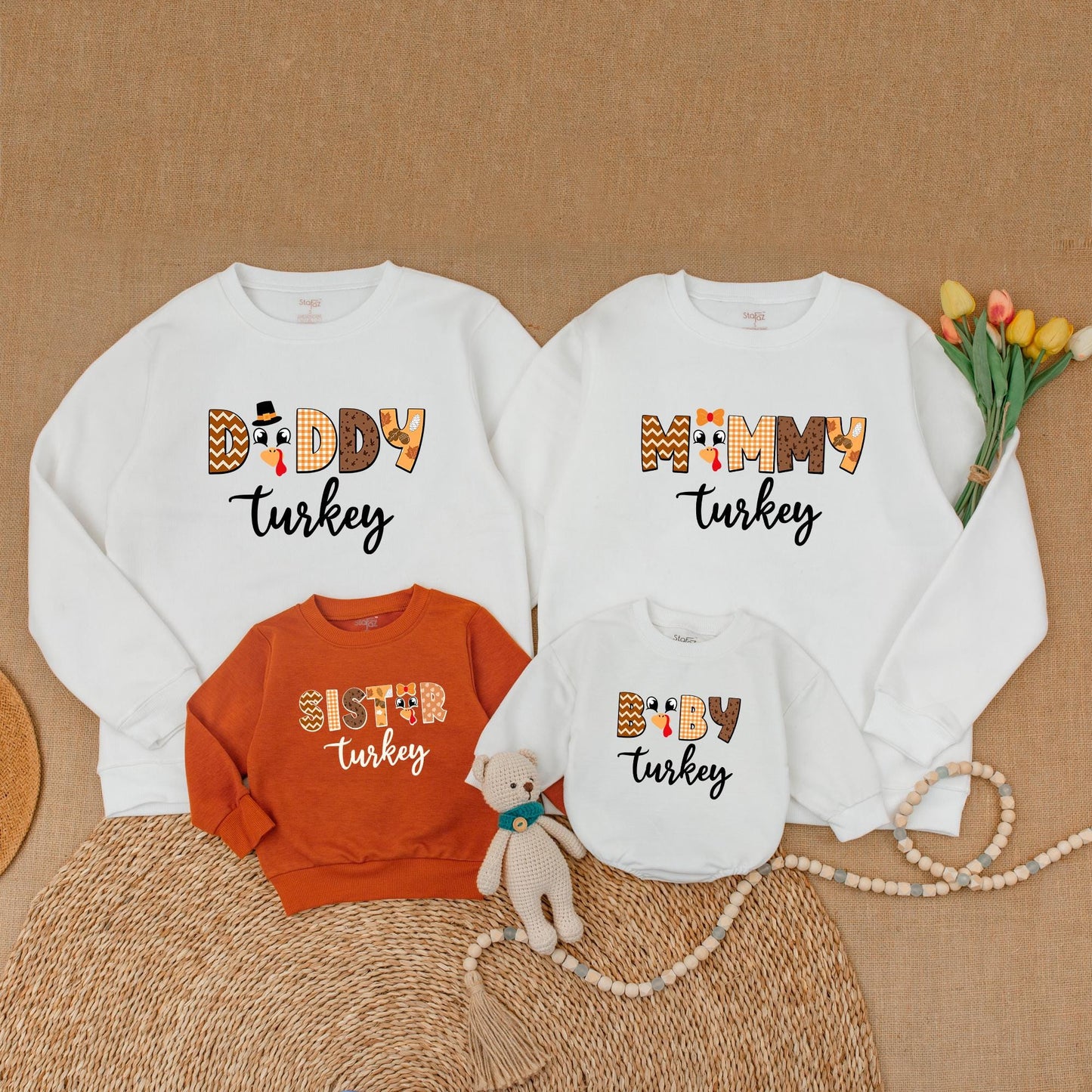 Matching Family Turkey Thanksgiving Sweatshirts: Retro Fall Outfits for Mommy, Daddy, Brother & Baby - Pumpkin Spice Season's Cutest Turkey Look! (139 chars)
