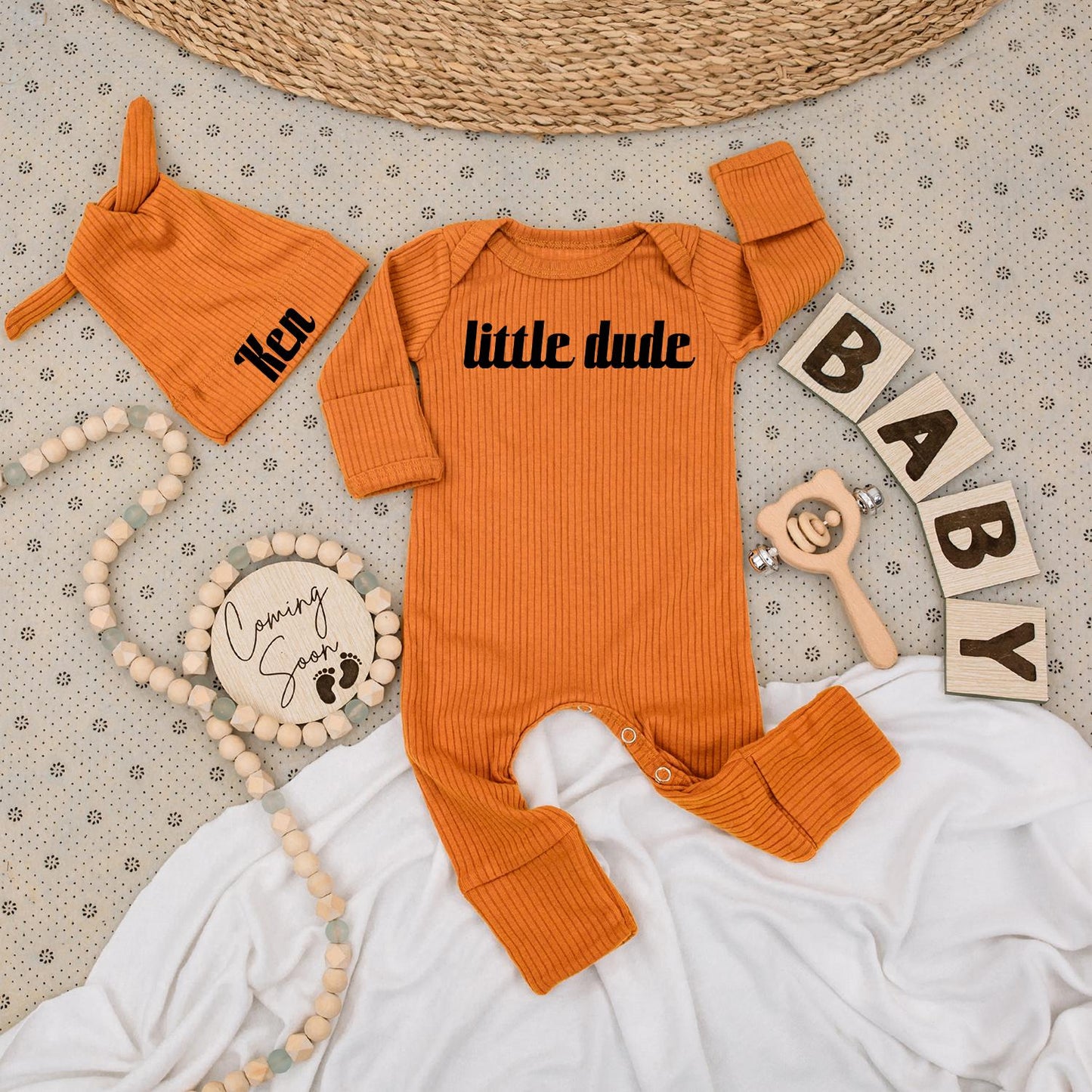 Little Dude Bodysuit & Hat Set - Personalized Baby Gift with Custom Name Ken, Modern Newborn Outfit Coming Home Clothes, Cute Baby Shower Gift Set