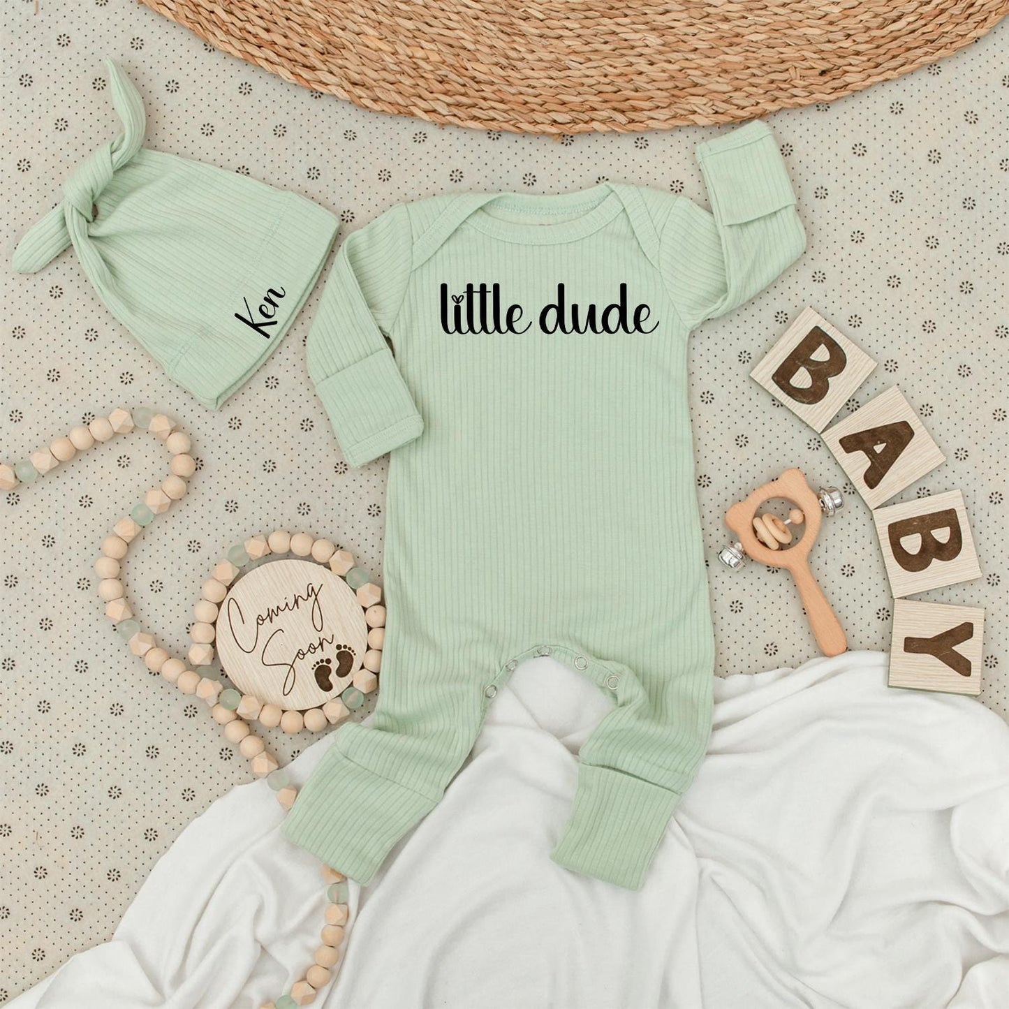 Little Dude Bodysuit & Ken Hat Set Personalized Baby Gift Newborn Shower Outfit Black Cursive Design Modern Announcement