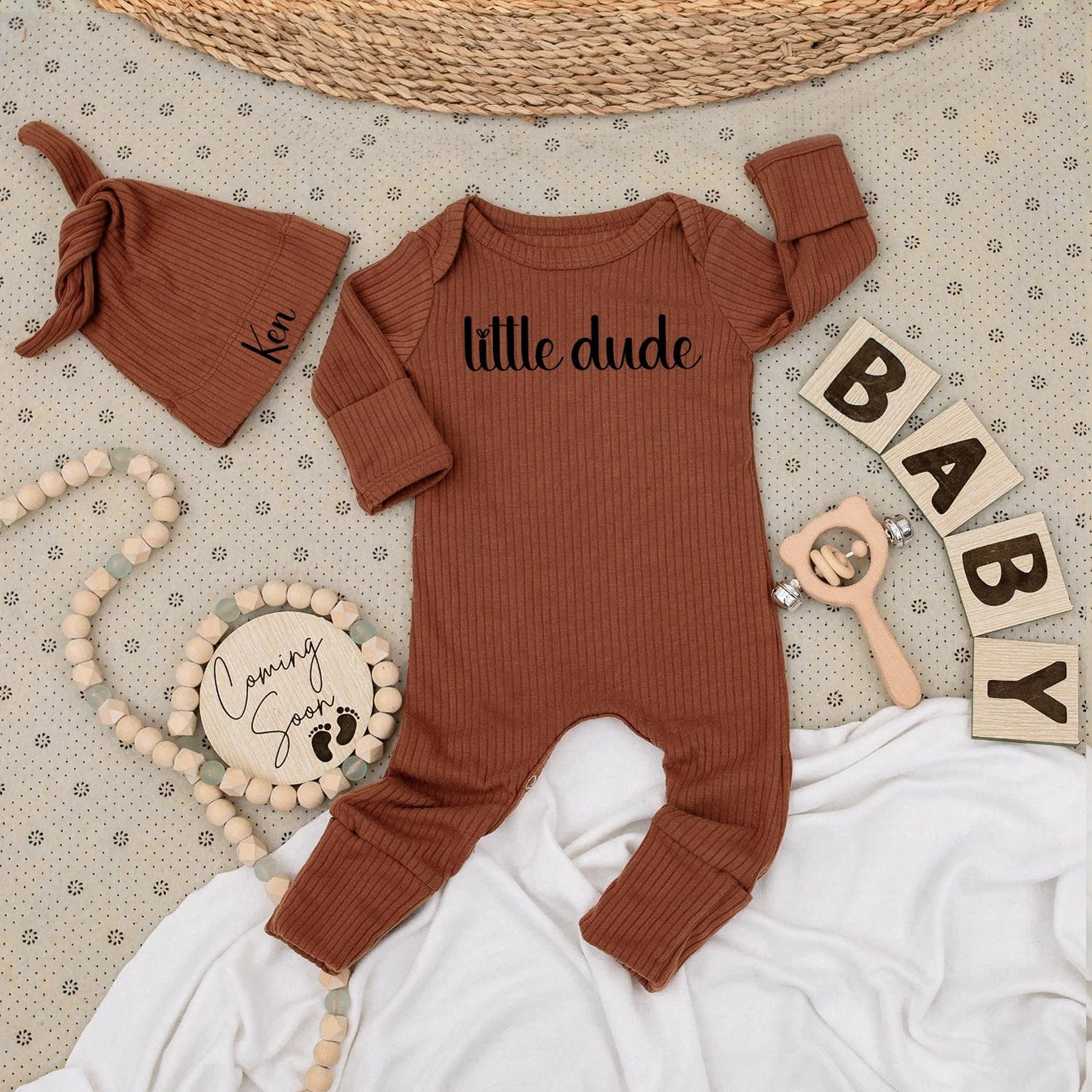 Little Dude Bodysuit & Ken Hat Set Personalized Baby Gift Newborn Shower Outfit Black Cursive Design Modern Announcement