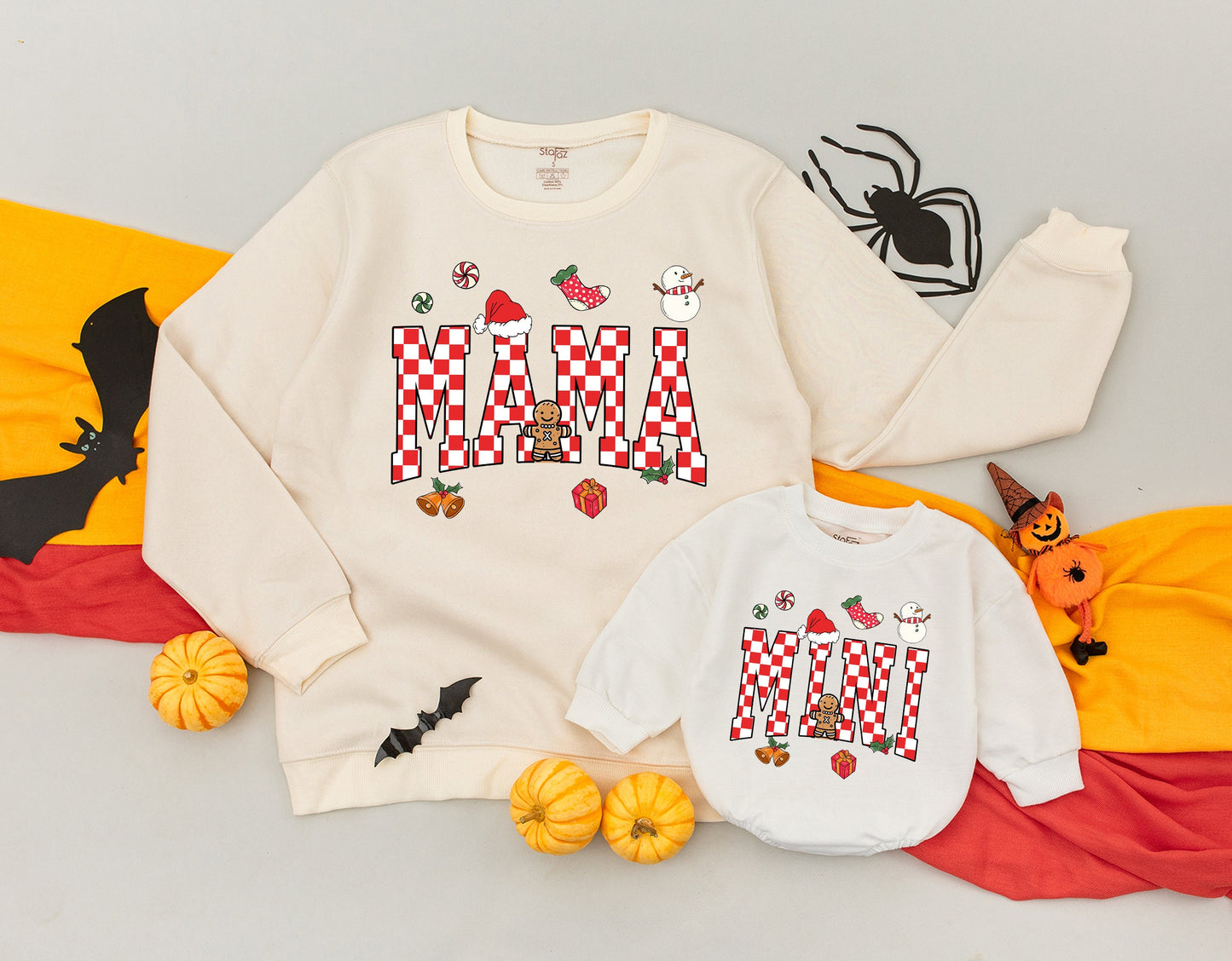 Retro Checkered "Mama Dada Mini" Family Christmas Sweaters Cozy Holiday Matching Outfits Red White Green Playful Festive