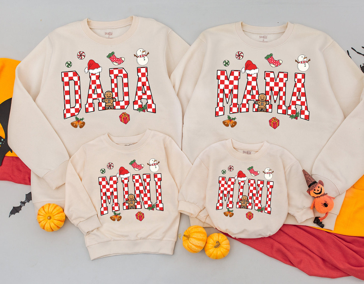 Retro Checkered "Mama Dada Mini" Family Christmas Sweaters Cozy Holiday Matching Outfits Red White Green Playful Festive