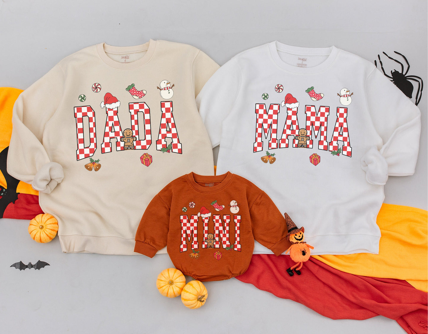 Retro Checkered "Mama Dada Mini" Family Christmas Sweaters Cozy Holiday Matching Outfits Red White Green Playful Festive