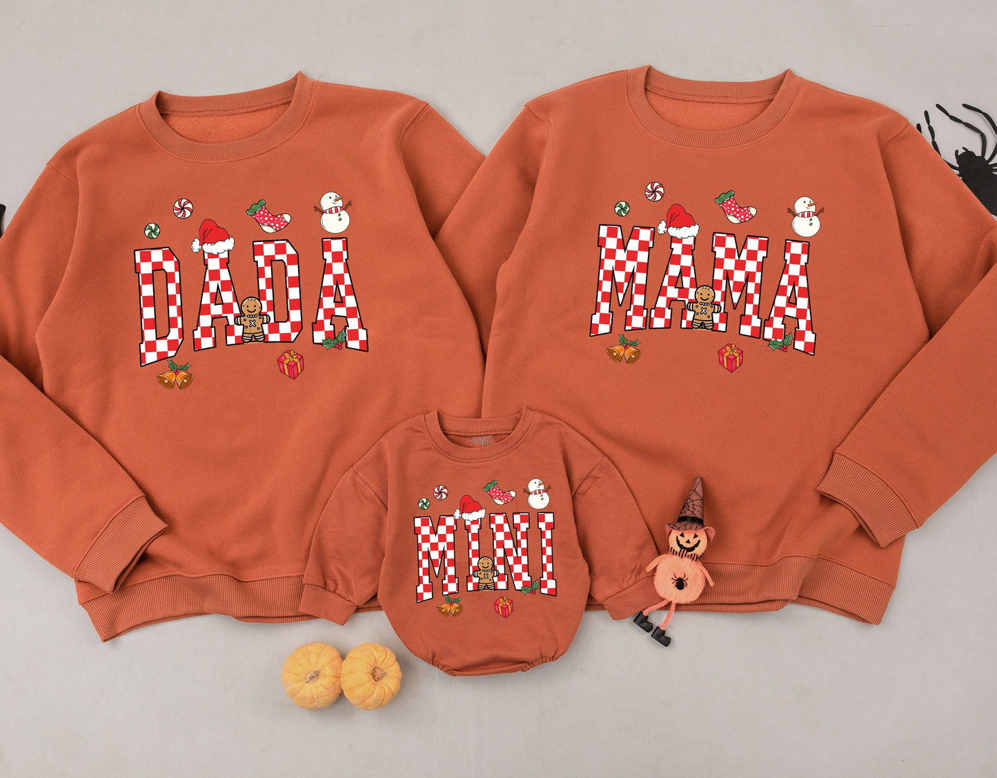 Retro Checkered "Mama Dada Mini" Family Christmas Sweaters Cozy Holiday Matching Outfits Red White Green Playful Festive