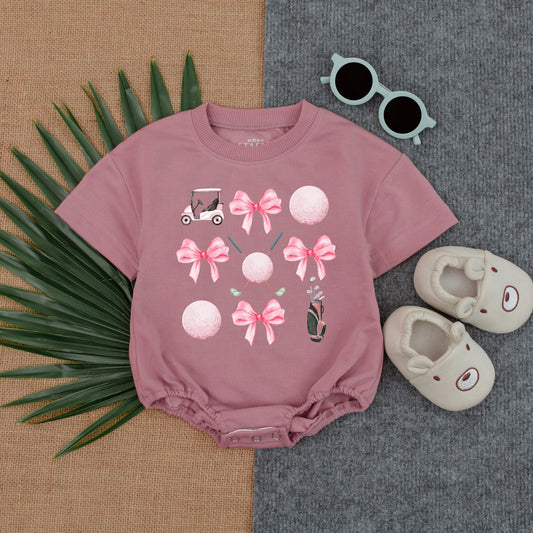 Golf Baby Romper with Pink Bow: Cute Newborn Game Day Outfit