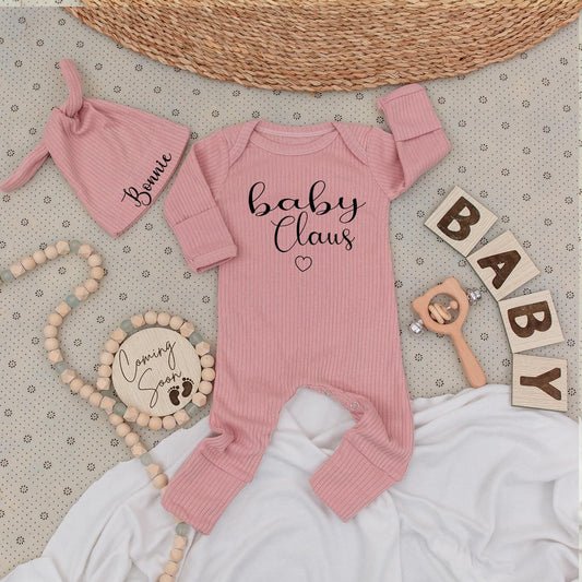 Baby Claus Christmas Romper & Hat Set Personalized Bonnie Newborn Outfit Long Sleeve Bodysuit Xmas Coming Soon Baby Shower Clothes 137chars