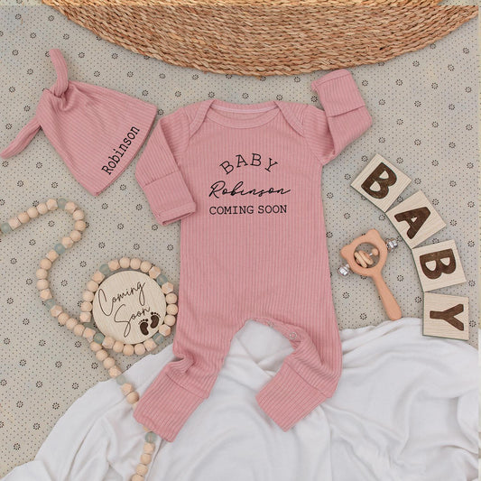 Custom Baby Announcement Bodysuit Hat Set featuring "BABY Robinson COMING SOON" Black Print Newborn Boy Girl Gift Shower Soft Cotton Outfit Jumpsuit Romper