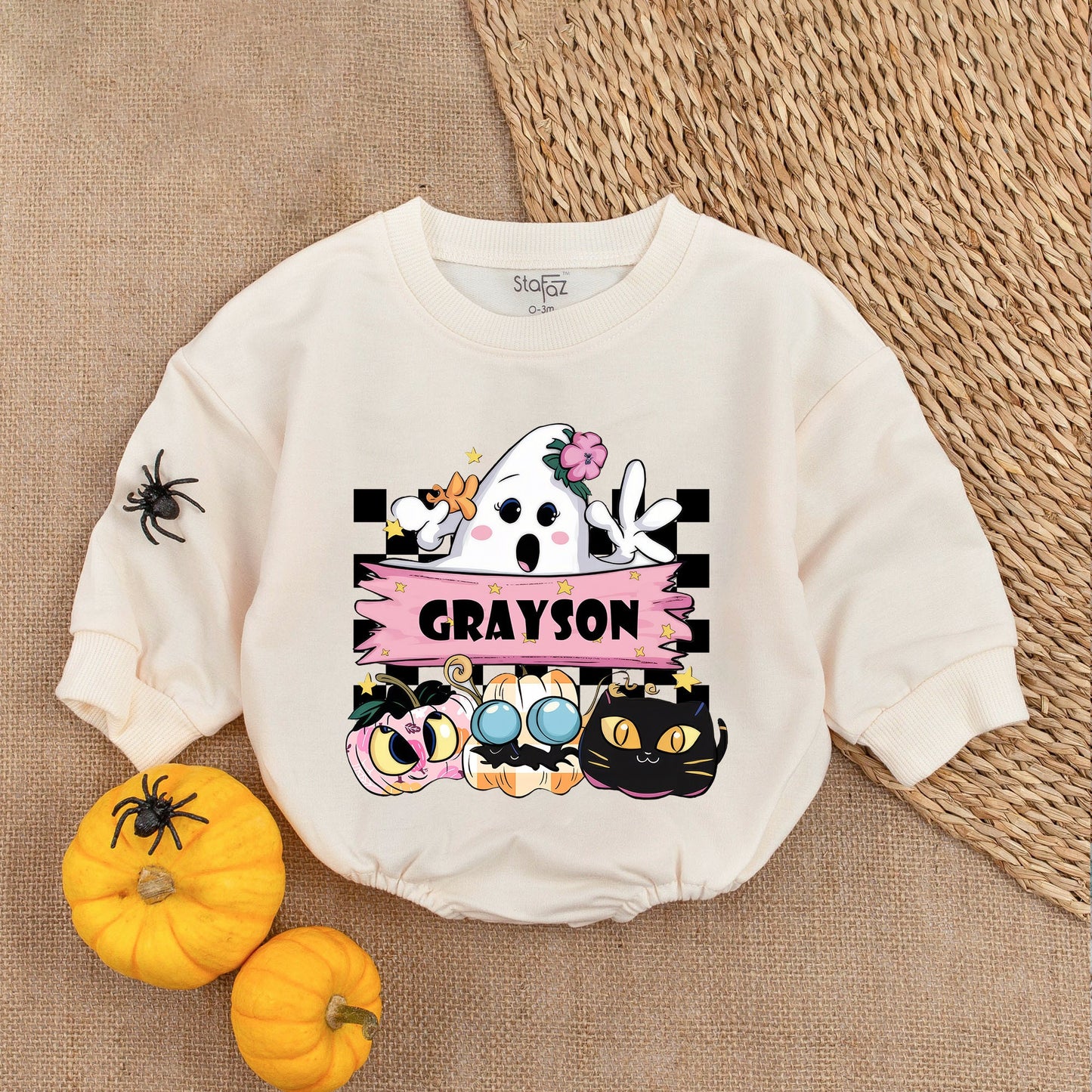 Cute Cartoon Ghost First Halloween Baby Girl Romper with Grayson Pink Banner Whimsical Pastel Outfit