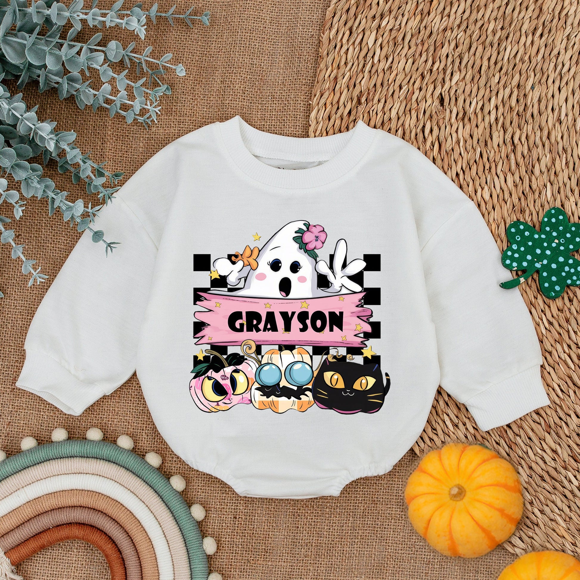 Cute Cartoon Ghost First Halloween Baby Girl Romper with Grayson Pink Banner Whimsical Pastel Outfit