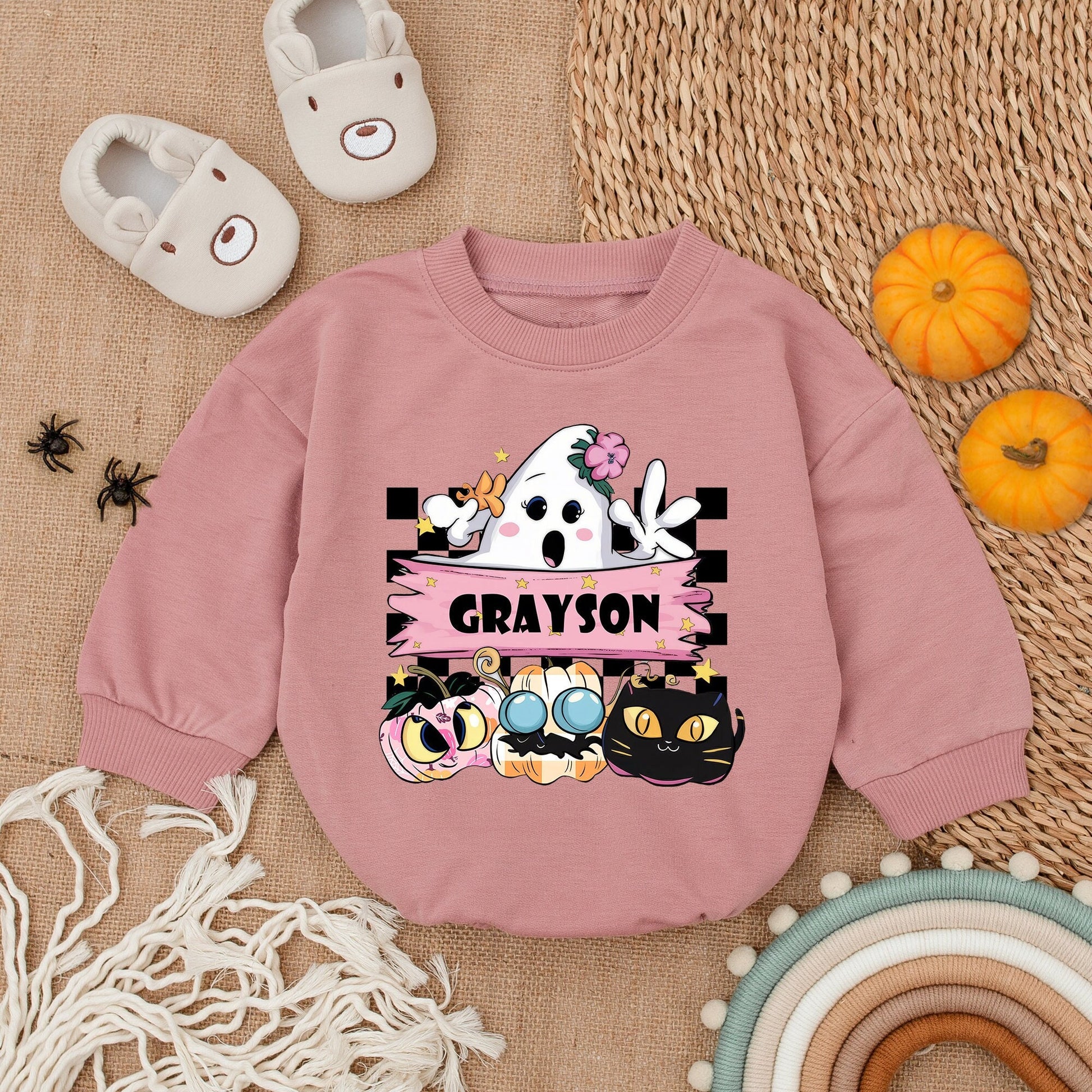 Cute Cartoon Ghost First Halloween Baby Girl Romper with Grayson Pink Banner Whimsical Pastel Outfit