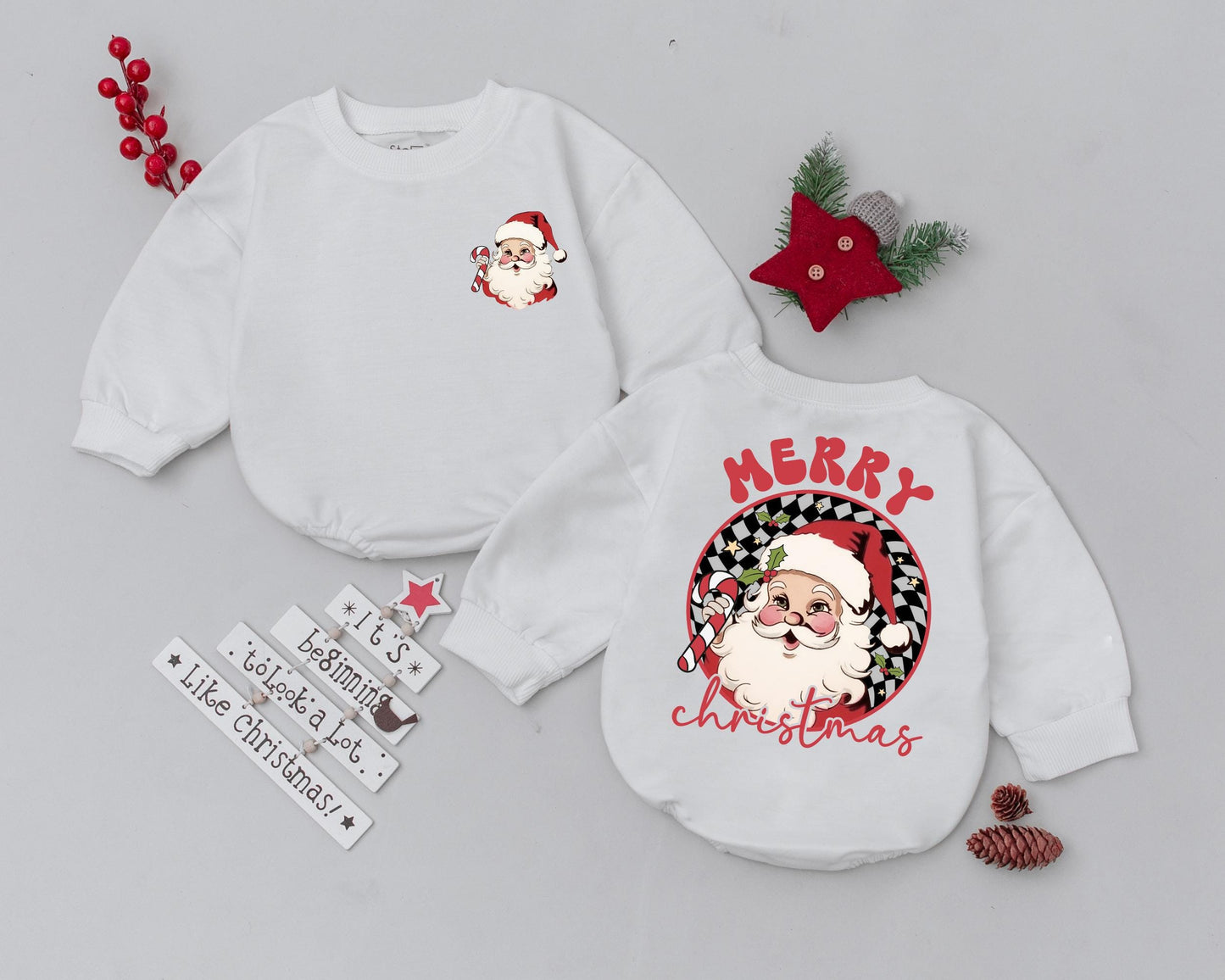 Retro Santa Christmas Romper, Newborn Outfit, Vintage Style Baby Clothes, Xmas Gift, Baby Shower Gift, First Christmas, Checkered Holly Design, 138 chars