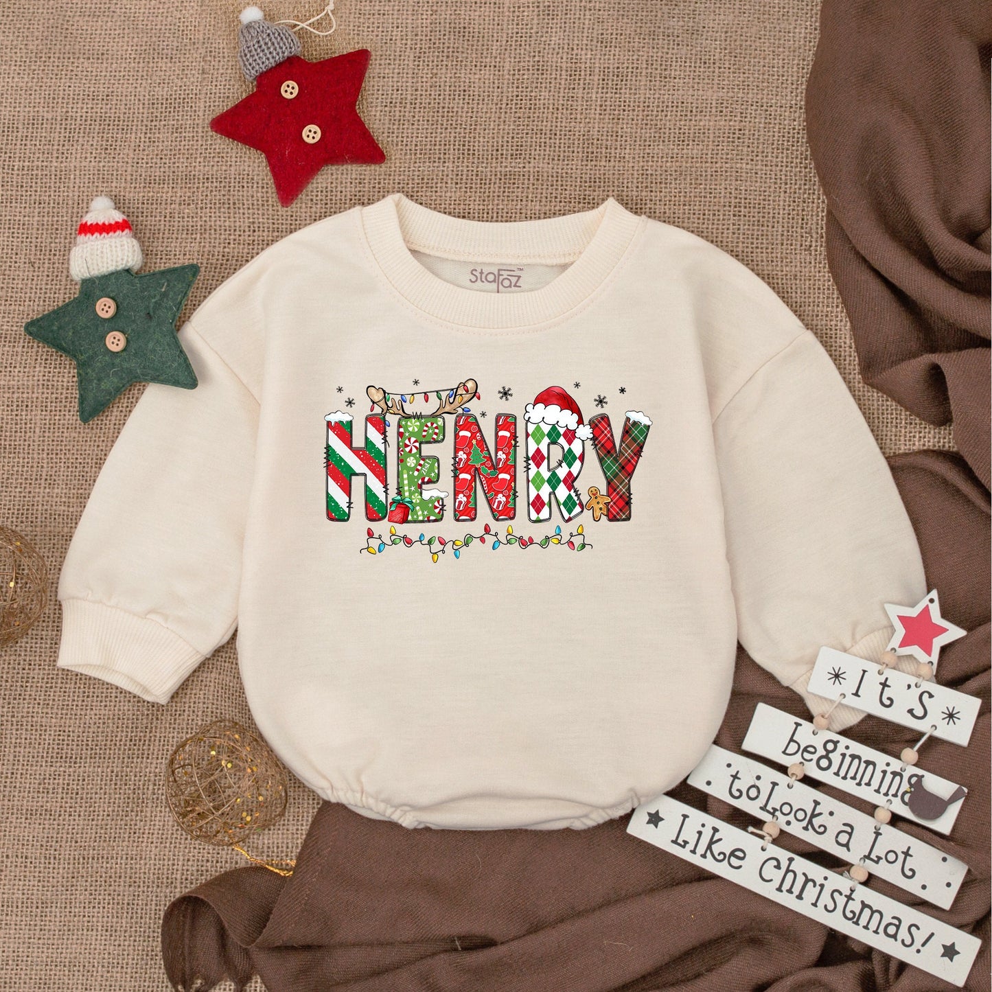 Customized Christmas Baby Bubble Romper Festive Name Patterned Letters Holiday Lights Newborn Bodysuit Sweatshirt Gingerbread
