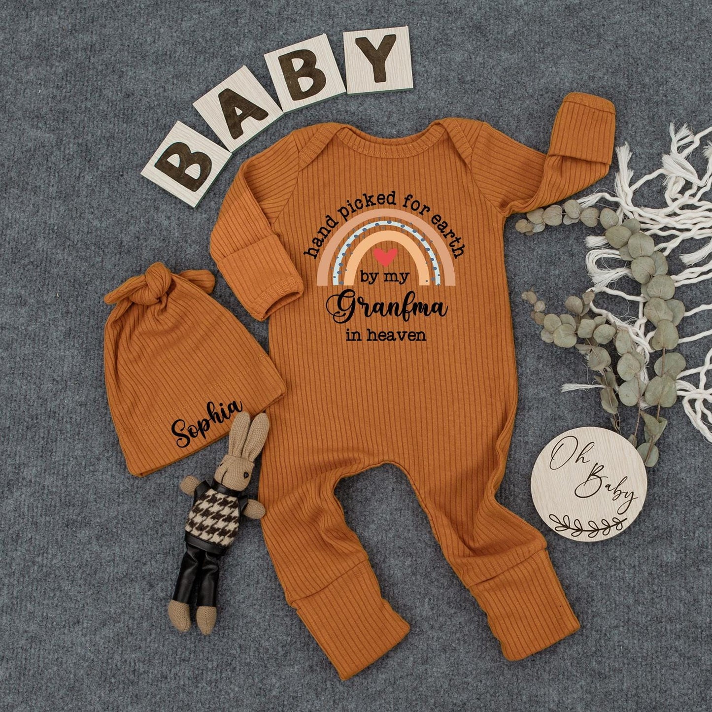 Custom Hand Picked for Earth by My Grandma in Heaven Bodysuit Soft Peach Blue Beige Rainbow Baby Shower Gift Newborn Clothes