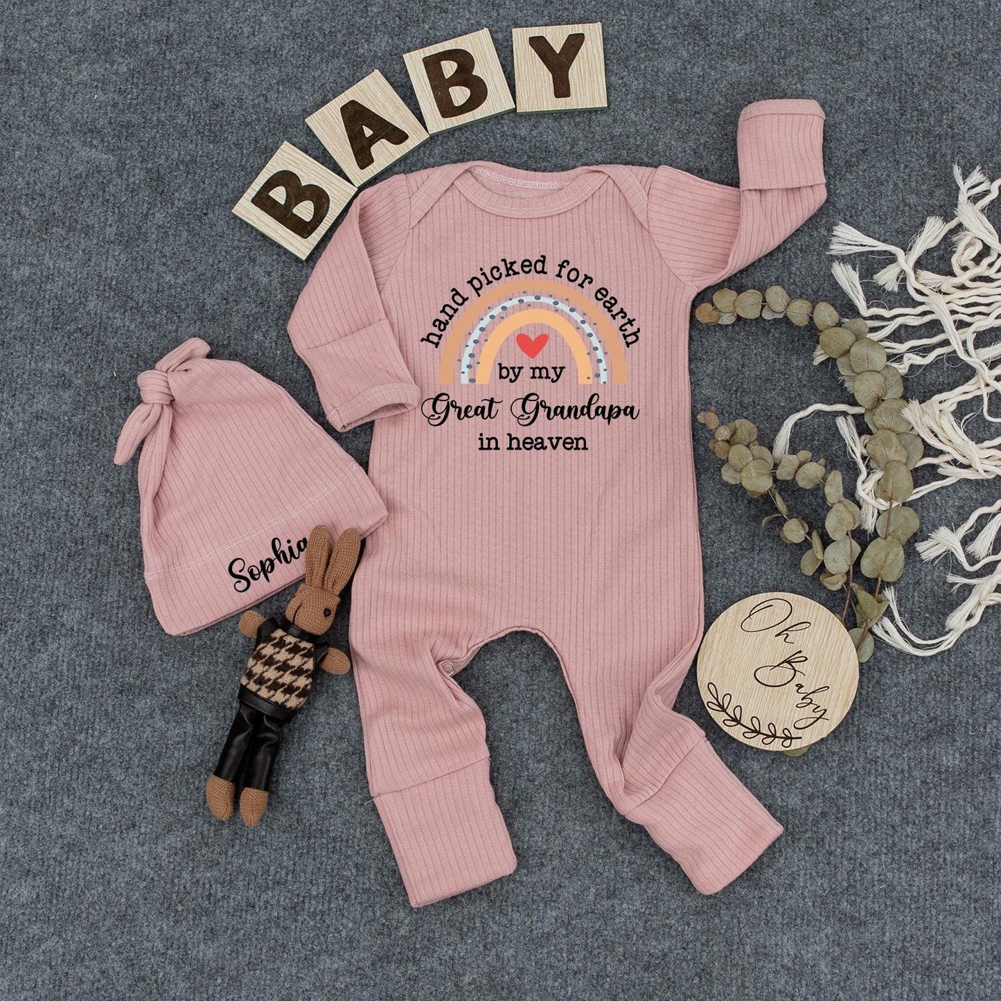 Custom Hand Picked for Earth by My Grandma in Heaven Bodysuit Soft Peach Blue Beige Rainbow Baby Shower Gift Newborn Clothes