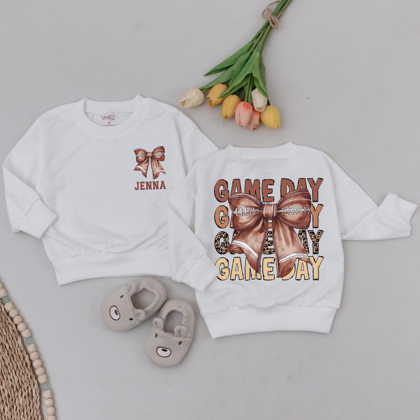 Personalized Baby Girl Game Day Football Outfit Retro Bow Bubble Romper Vintage Animal Print Jenna Name Brown Hue Sweatshirt