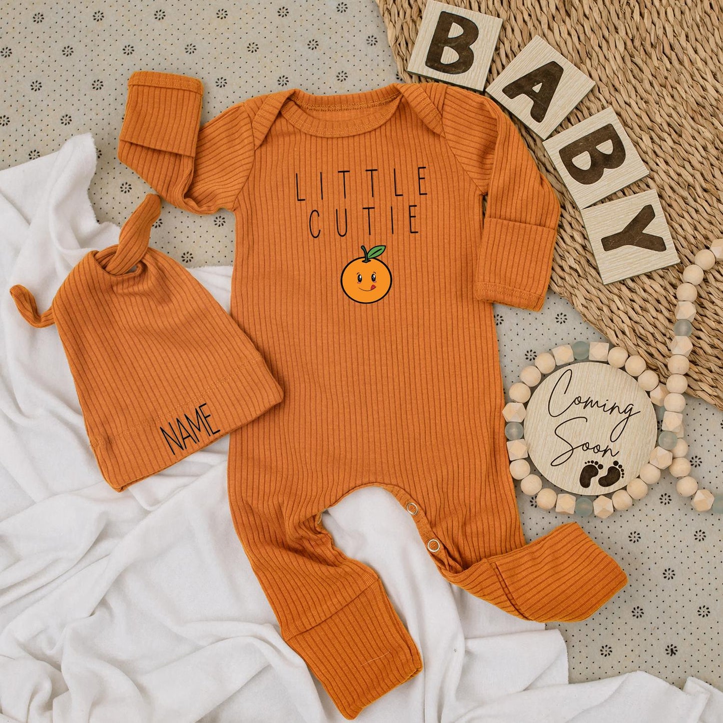 Little Cutie Personalized Baby Bodysuit and Hat Set, Smiling Orange Design, Custom Name Outfit, Newborn Gift, Soft Cotton, Coming Home Outfit Adorable Clothes