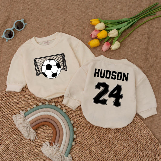 Personalized Soccer Baby Romper Name and Number Game Day Baby Bodysuit with Sporty Net Ball Design for a Unique Baby Shower Gift