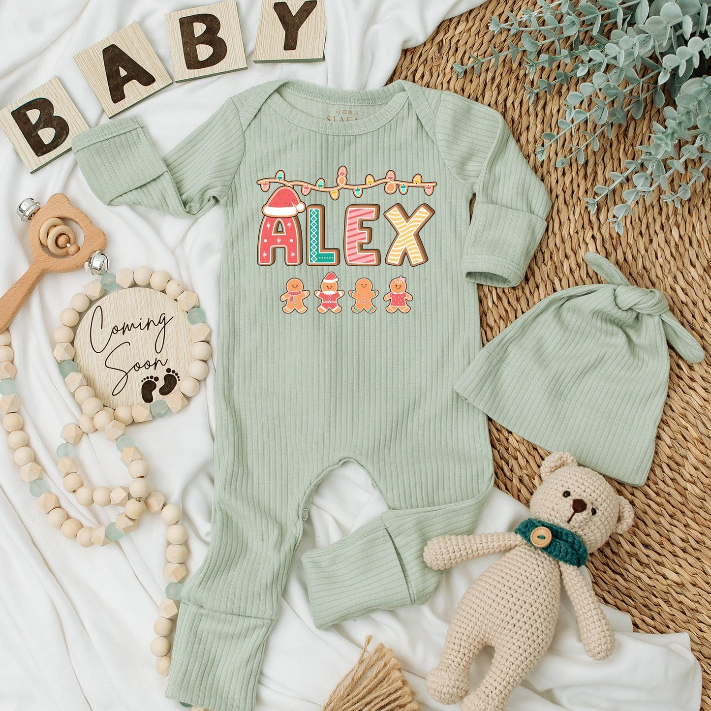 Custom "ALEX" Christmas Baby Bodysuit & Hat Set with Santa Hat A Gingerbread Figures Festive Holiday Infant Romper Baby Shower Gift