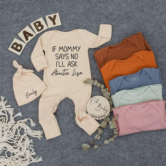 Auntie-Approved Mom Says No Set: Baby Bodysuit & Hat Outfit