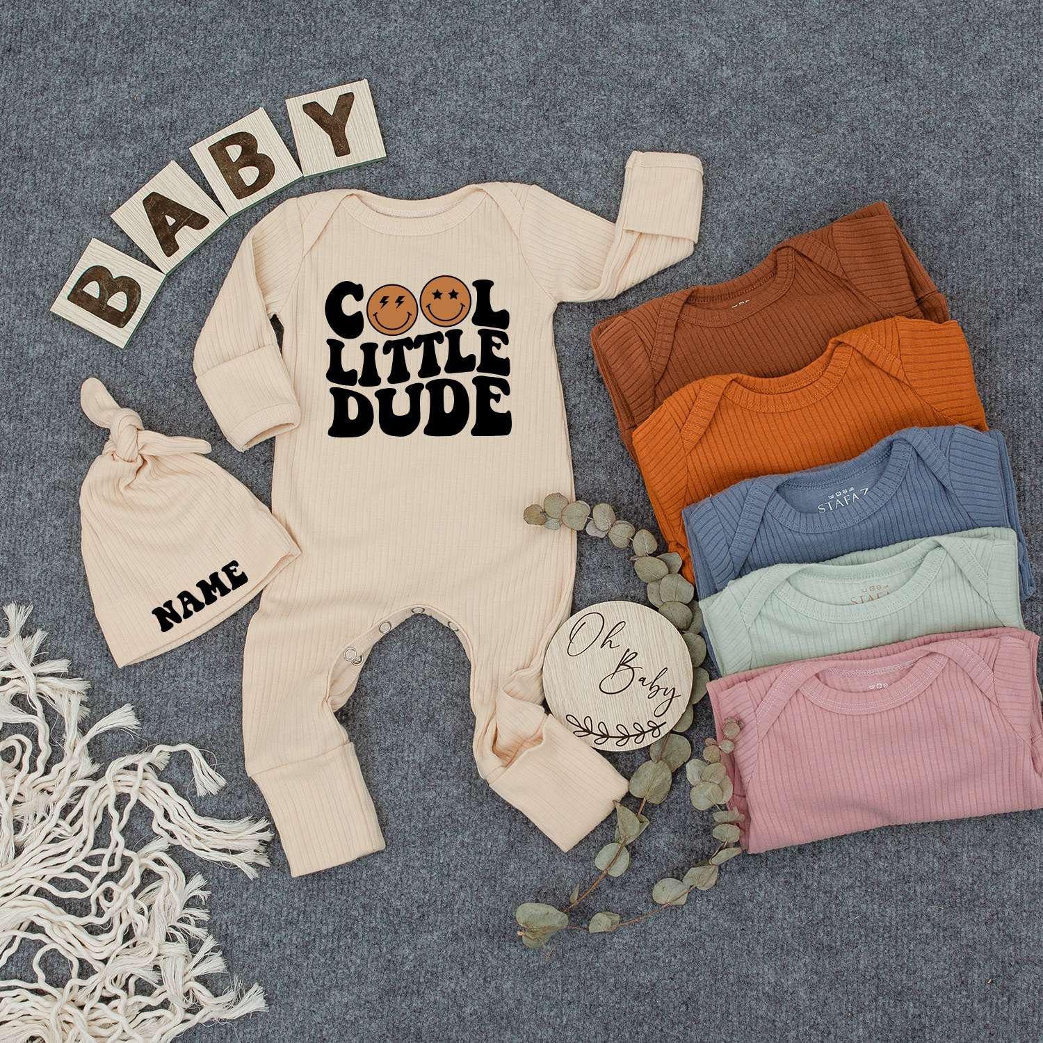 Cool Little Dude Bodysuit & Hat Set: Retro Baby Boy Outfit, Pregnancy Announcement, Newborn Gift, Personalized Name Hat, Coming Home Outfit 137 chars