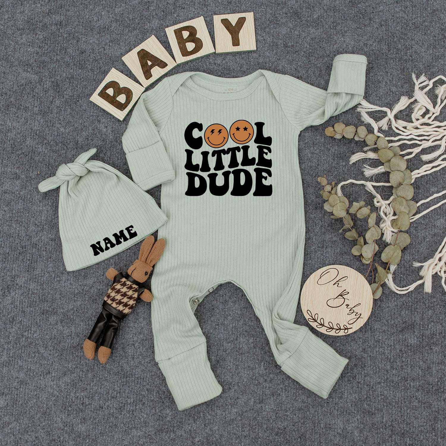 Cool Little Dude Bodysuit & Hat Set: Retro Baby Boy Outfit, Pregnancy Announcement, Newborn Gift, Personalized Name Hat, Coming Home Outfit 137 chars