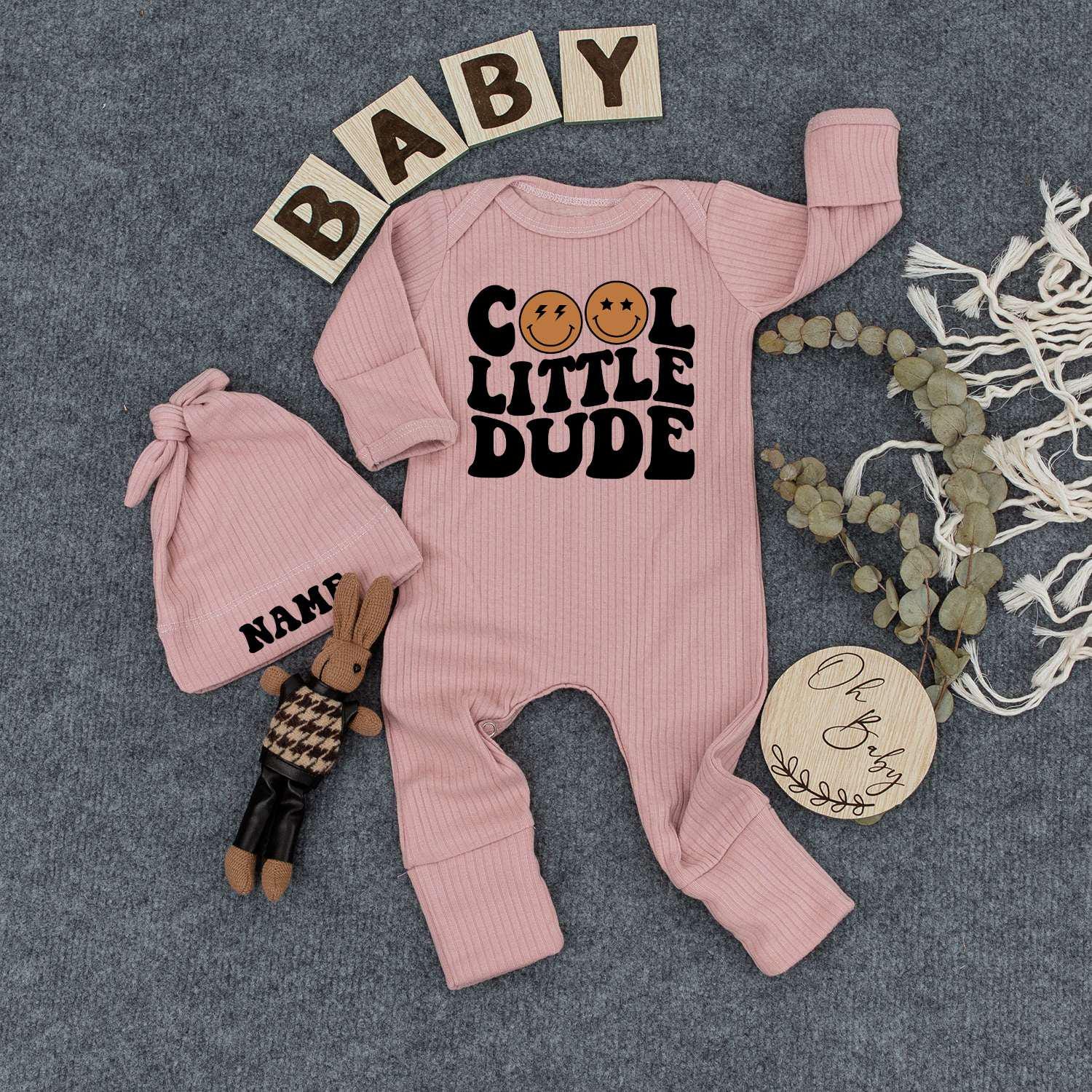 Cool Little Dude Bodysuit & Hat Set: Retro Baby Boy Outfit, Pregnancy Announcement, Newborn Gift, Personalized Name Hat, Coming Home Outfit 137 chars