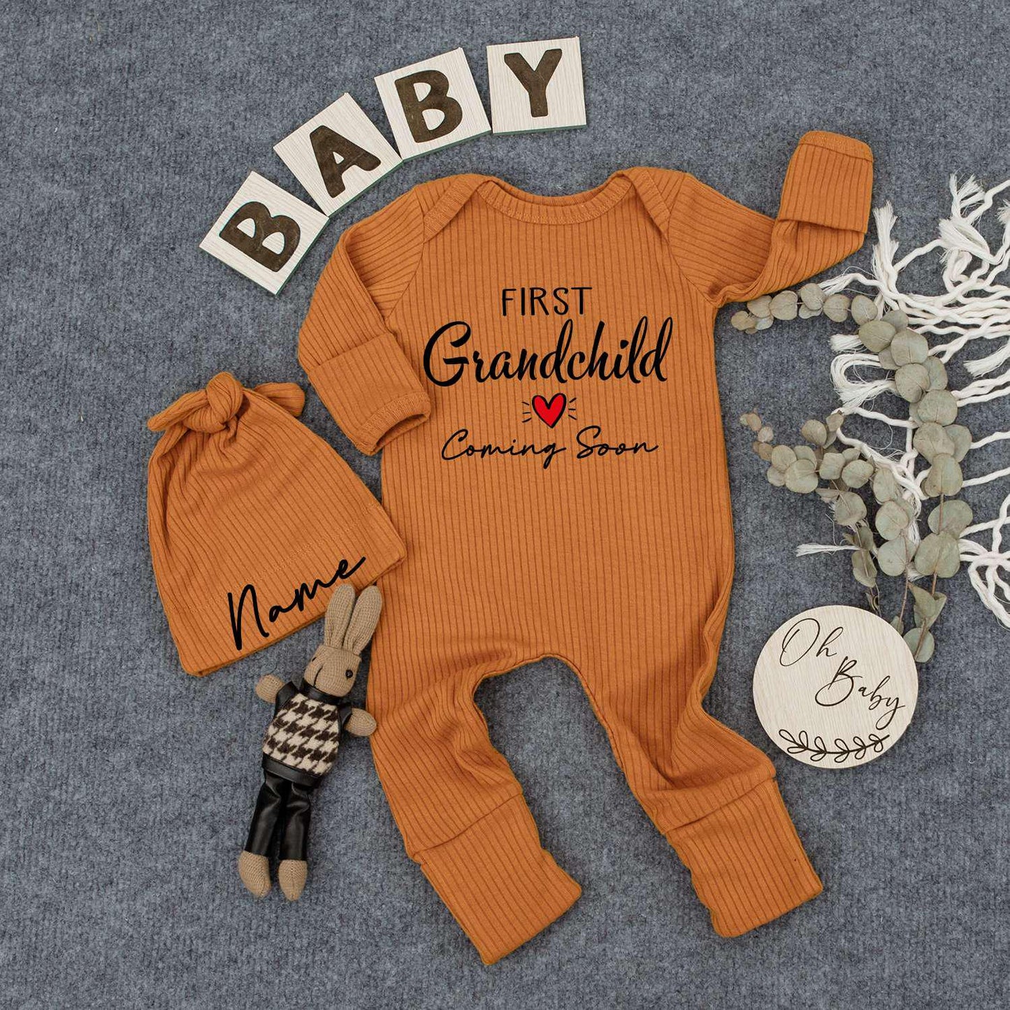 Custom First Grandchild Coming Soon Bodysuit & Hat Set, Black Cursive Design Baby Announcement Gift, Newborn Outfit