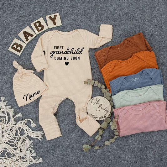 Custom First Great Grandchild Coming Soon Bodysuit & Hat Set Pregnancy Announcement Simple Black Heart Baby Shower Gift Newborn Outfit