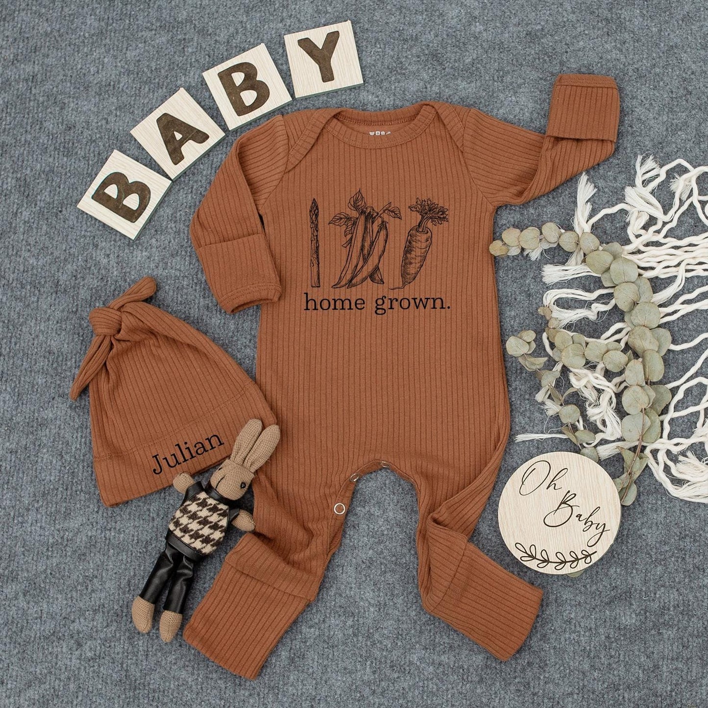 Home Grown Baby Bodysuit and Hat Set Minimalist Natural Sketched Vegetables "home grown." Cute Going Home Outfit Baby Shower Gift
