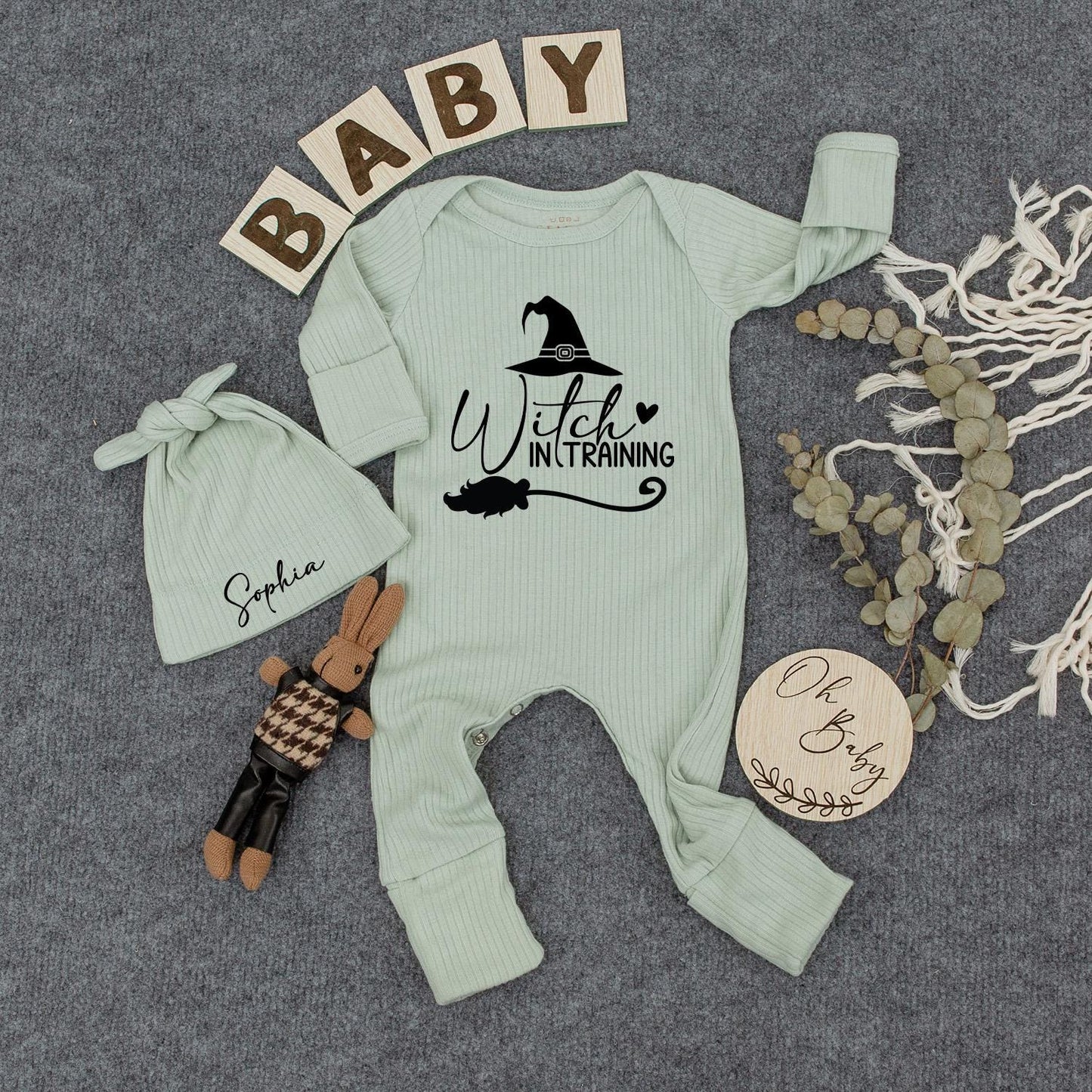 Custom Baby Witch in Training Bodysuit & Hat Set Cute Halloween Newborn Outfit Sophia Black Whimsical Witchy Design Romper New Mom Gift