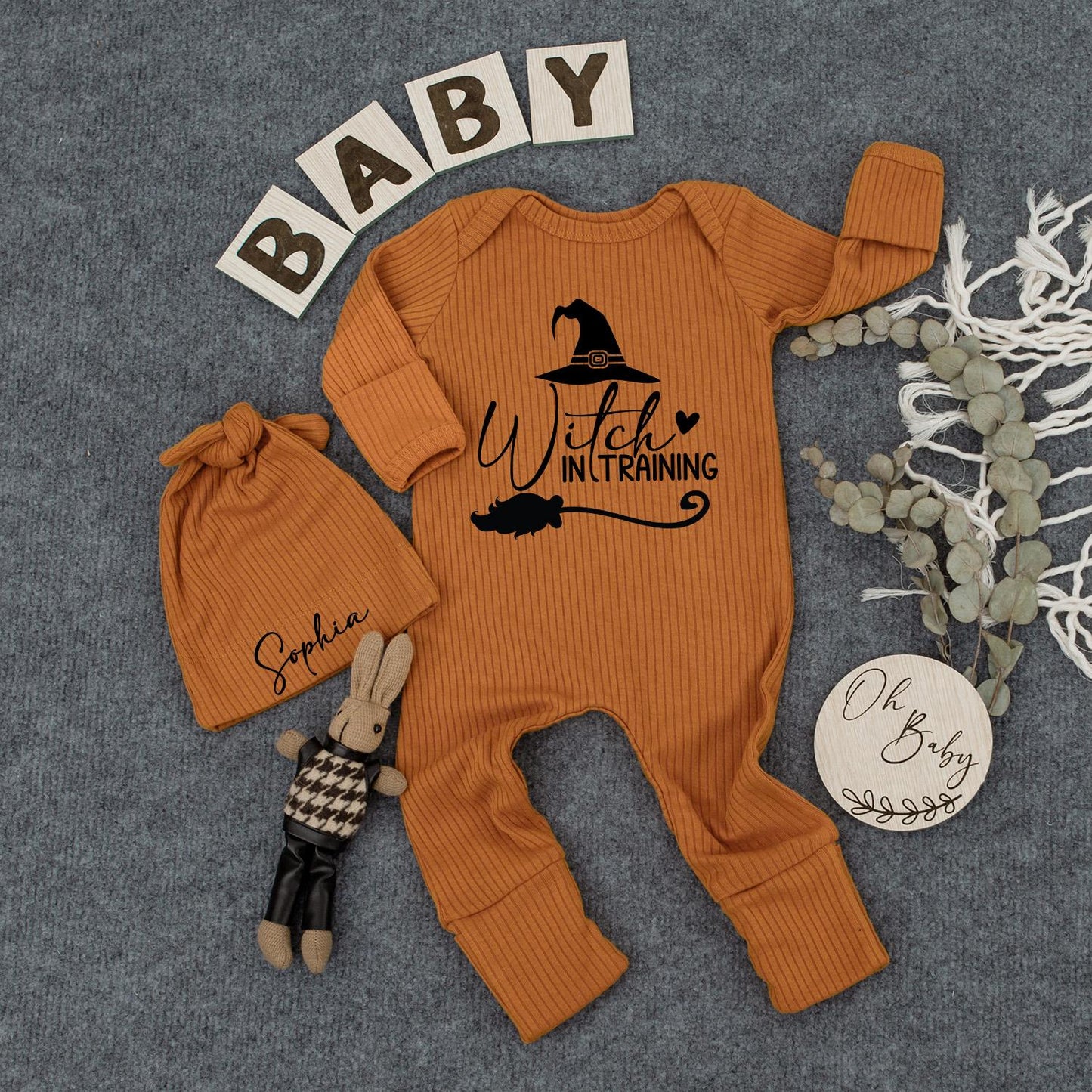 Custom Baby Witch in Training Bodysuit & Hat Set Cute Halloween Newborn Outfit Sophia Black Whimsical Witchy Design Romper New Mom Gift